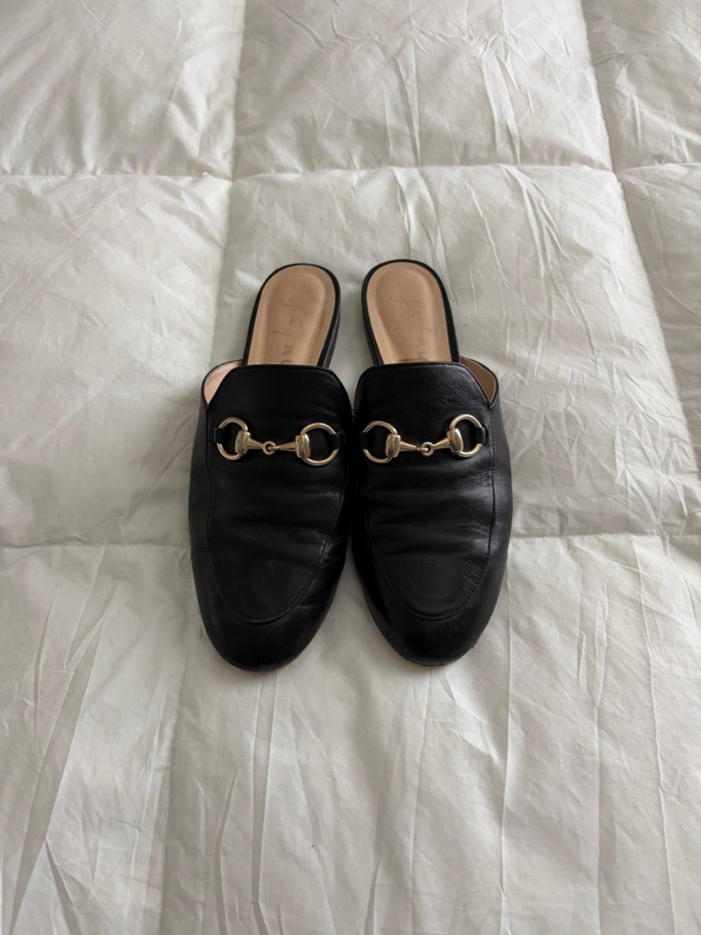 French Sole Black Leather Horsebit Slip-On Mules